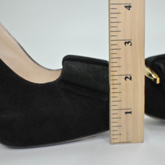 PRADA Heels Womens Size 36 Calzature Black Suede Gold Hardware Bow Milan Square - Picture 12 of 13